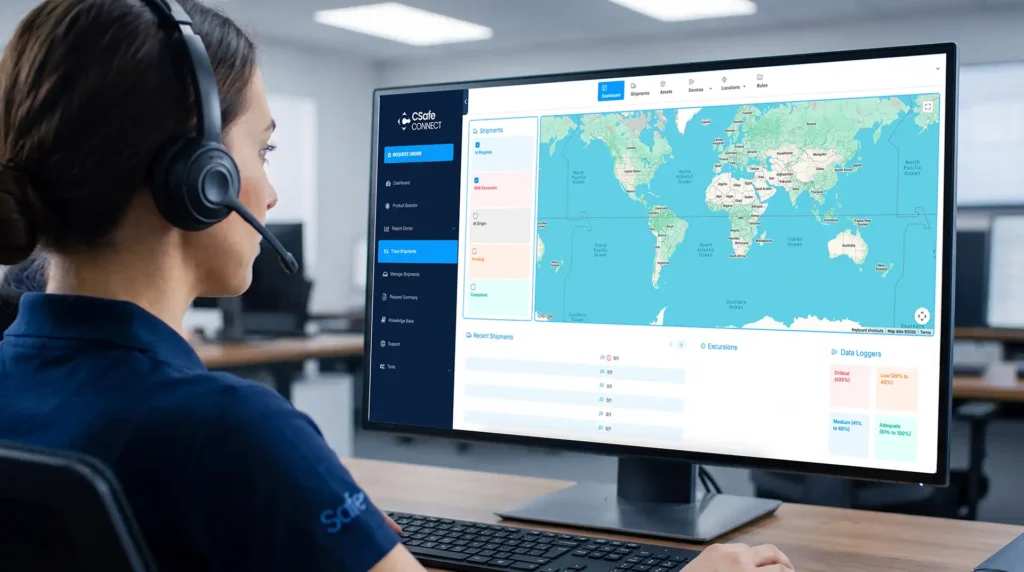 Support specialist sitting at a desktop computer, tracking a shipment with CSafe Connect.
