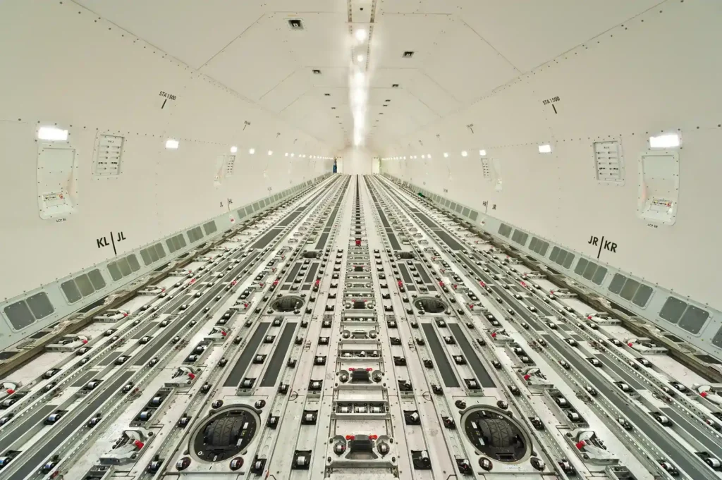Interior of an aircraft. ULD tracks