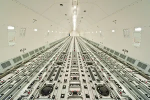 Interior of an aircraft. ULD tracks