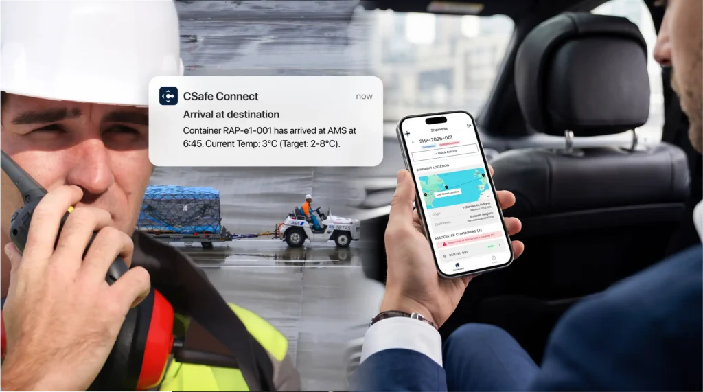 A collages image of airport workers on the tarmac, a trolley moving the payload, a notification from CSafe Connect that reads "Arrival at destination. Container RAP has arrived at AMD at 6:45. Current temp 3 degrees Celsius." An exective monitors the shipment from their mobile device. 