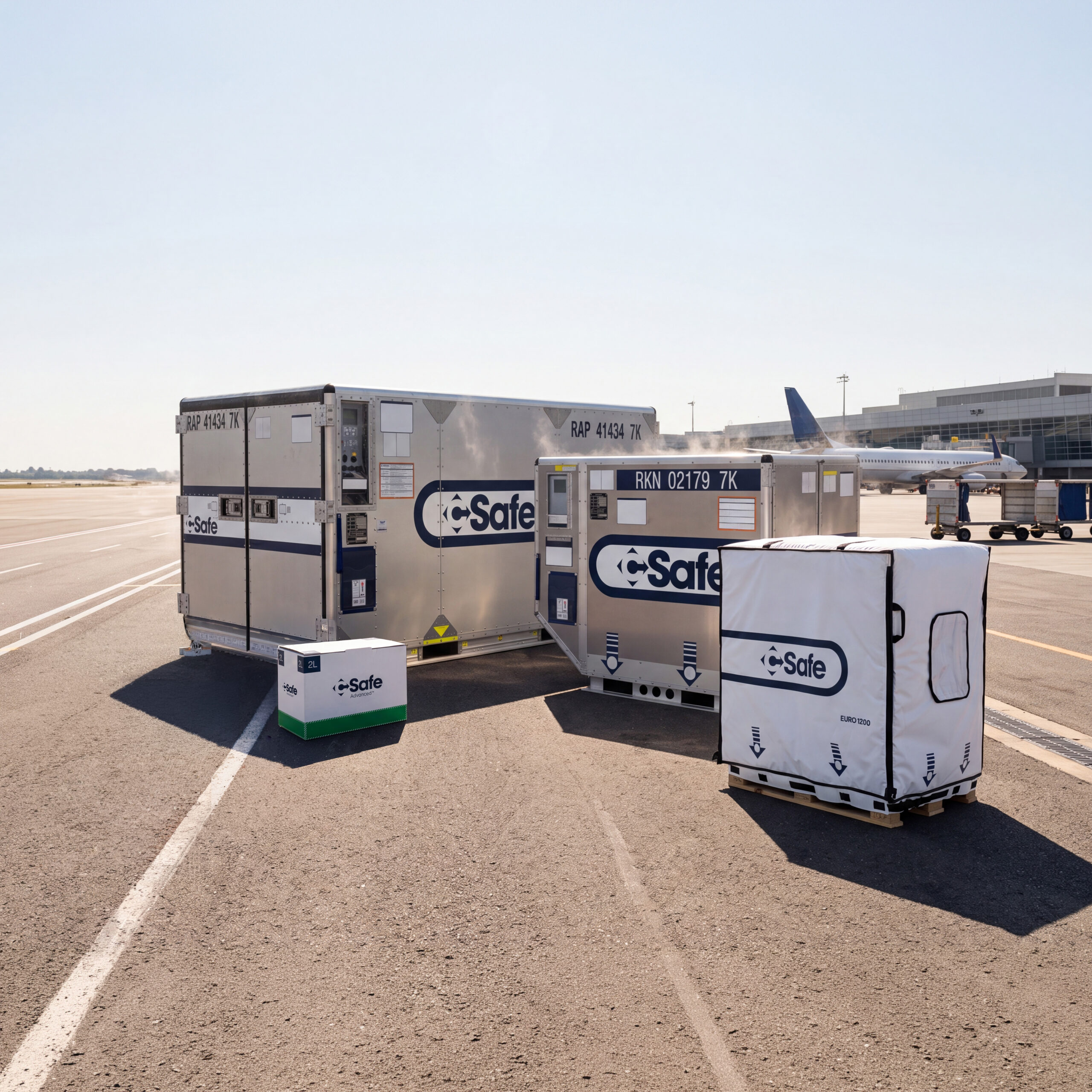 CSafe's cold chain portfolio displayed on an airport tarmac during a heatwave. Heat refractions radiate off of the hot asphalt.
