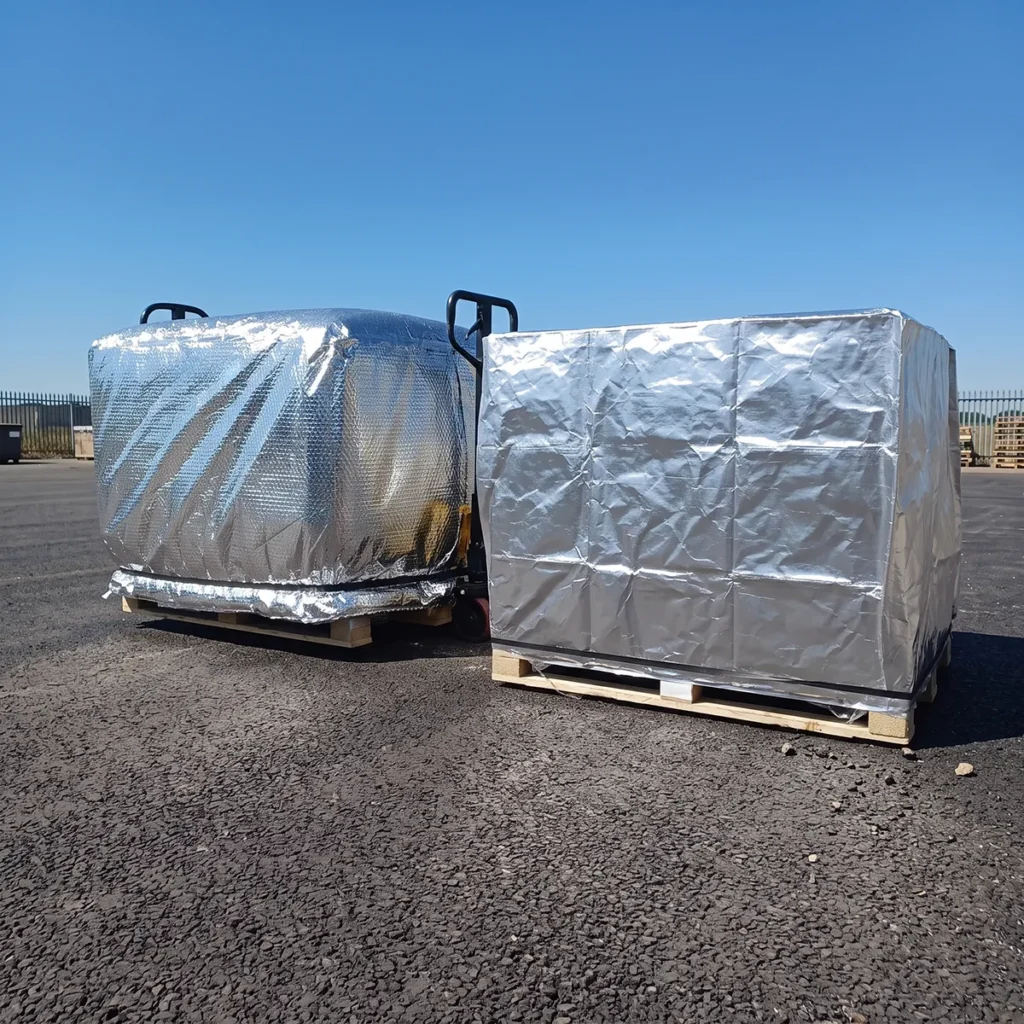 Two thermal covers sitting on an airport tarmac, reflecting the heat of the sun and protecting the internal payload. 
