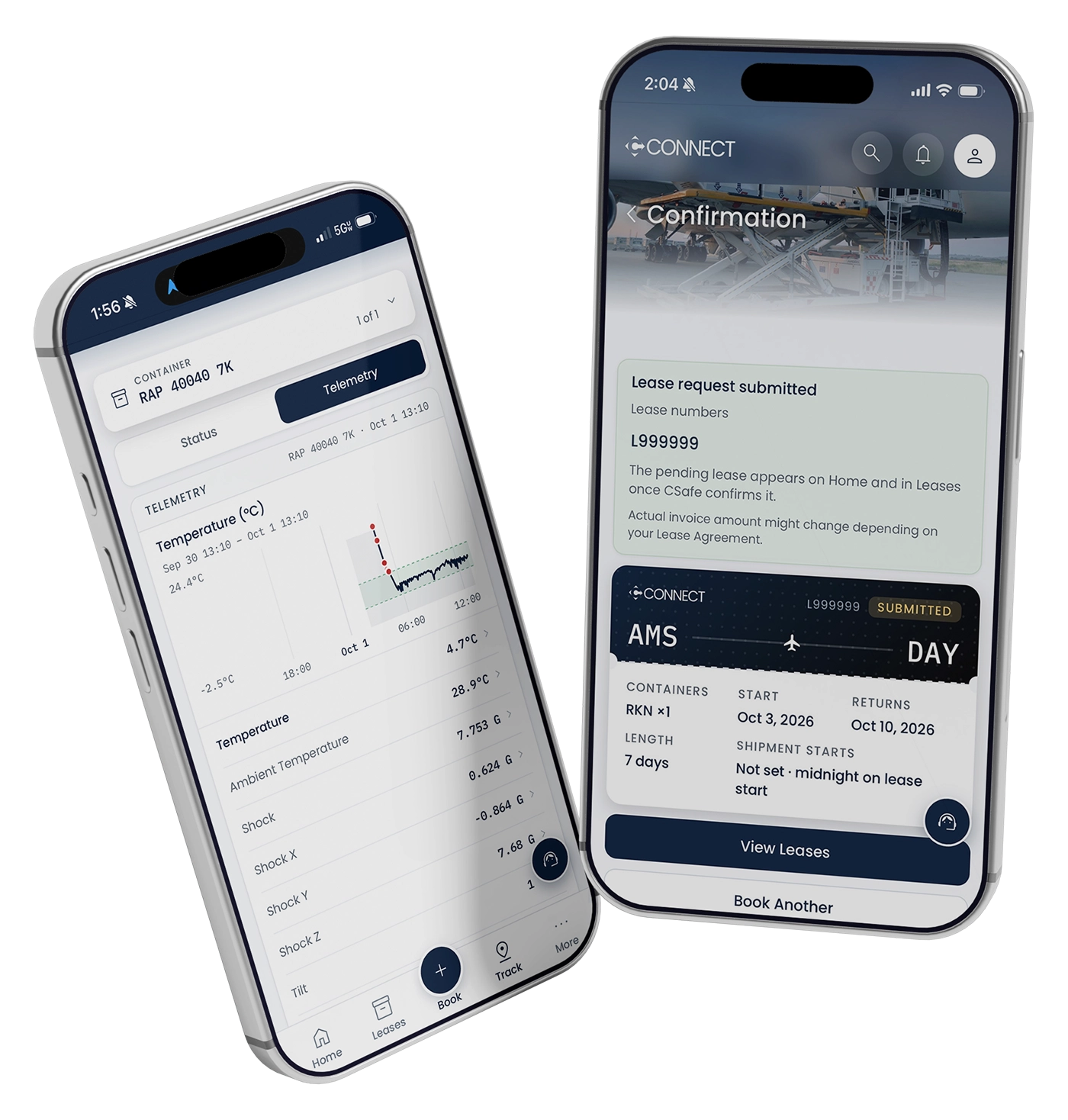 CSafe Connect app showcasing the monitoring UI and order confirmation UI.